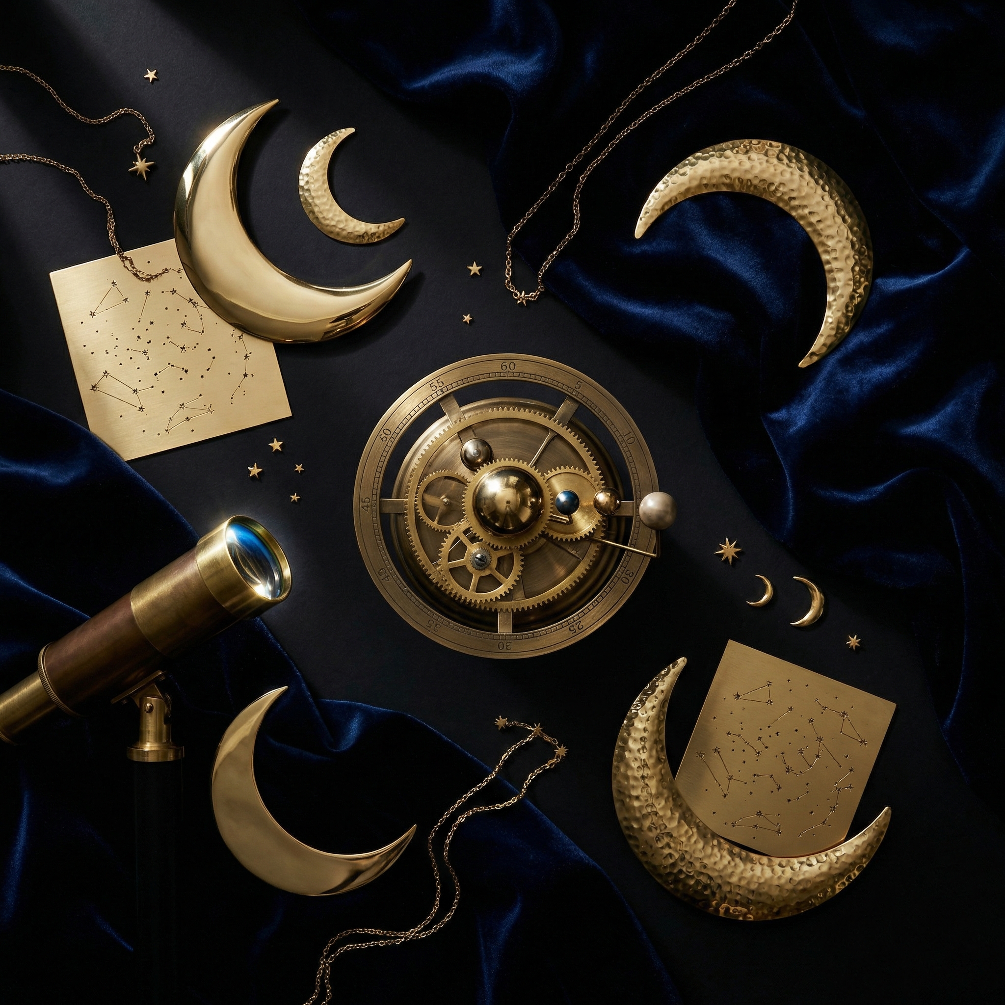 Midnight Celestial collection gold moons and brass constellations on pure black cosmic background