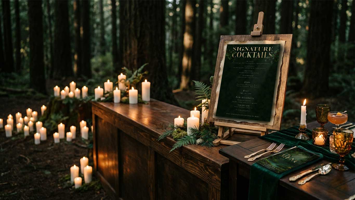 Enchanted Forest collection dark woodland scene with golden fireflies moss and gilded gold accents