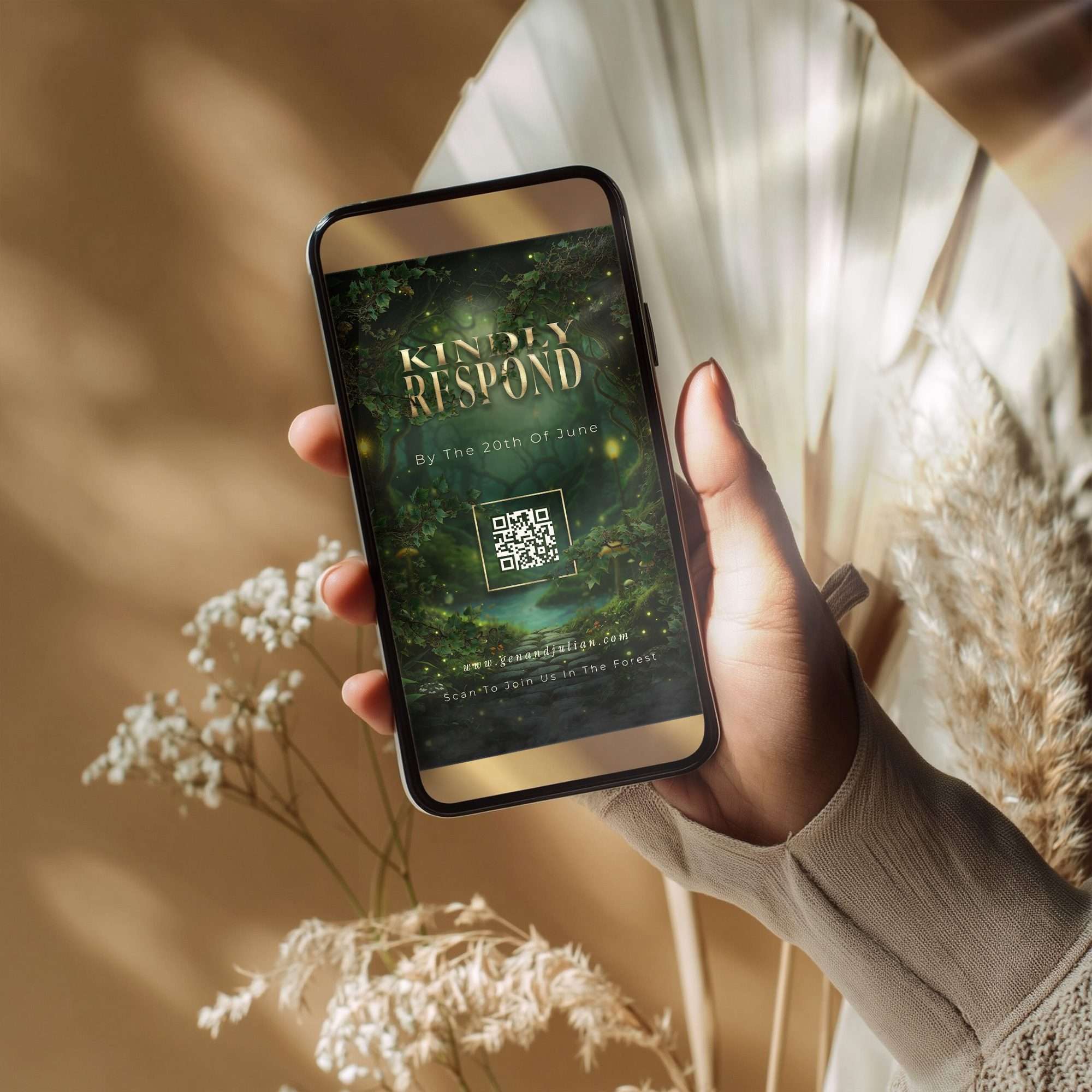 Hand Holding Phone With Digital RSVP QR Code, Enchanted Forest