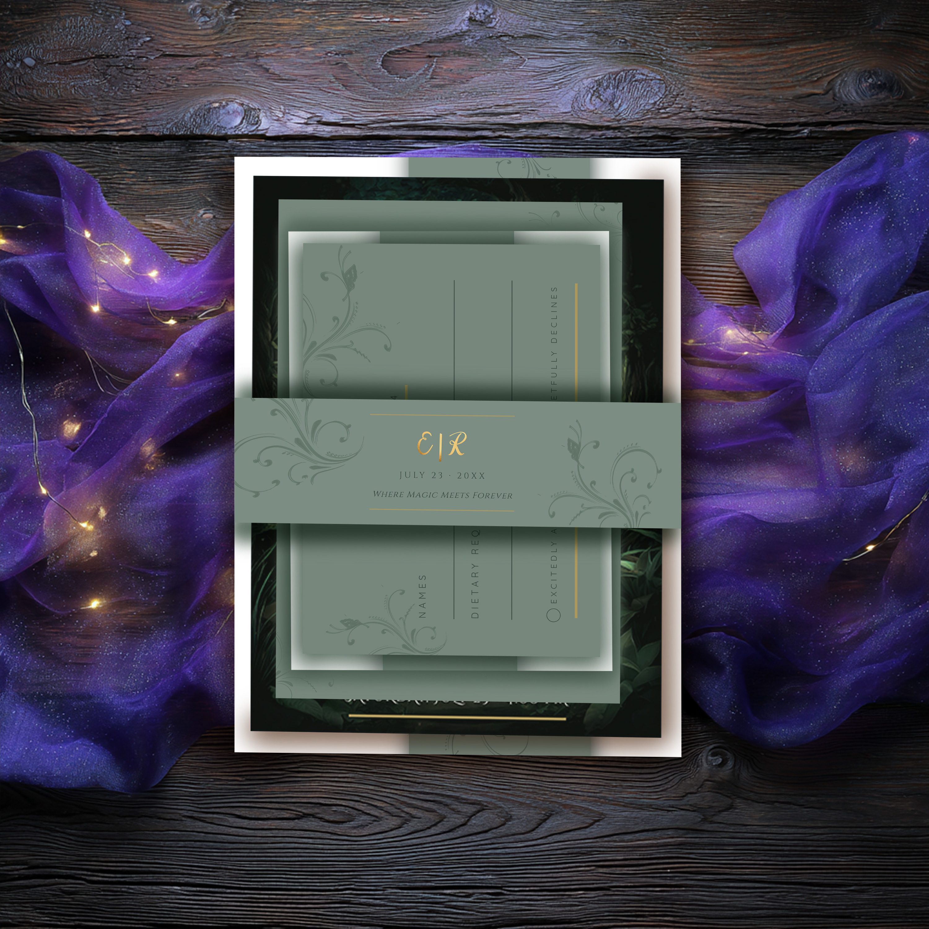 Luxury wedding invitation suite with vellum wrap belly band and envelope liner layered textures