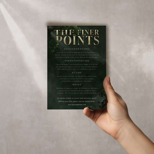 Enchanted Forest Details Card listing accommodations, transport, attire and notes