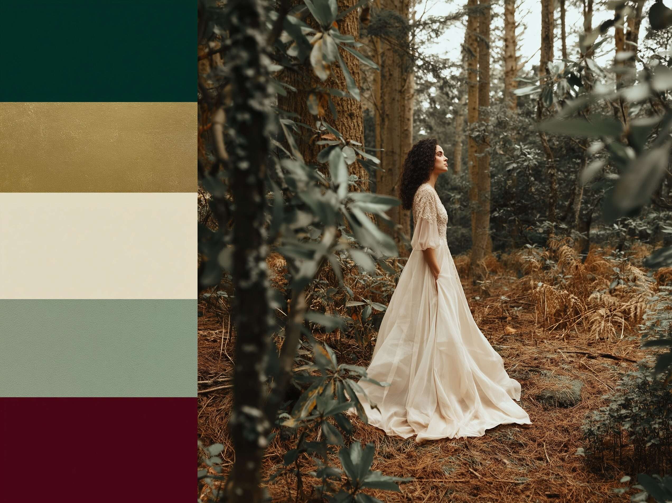 Bride wearing a flowing cream gown standing in a misty forest with enchanted forest wedding color palette swatches overlay