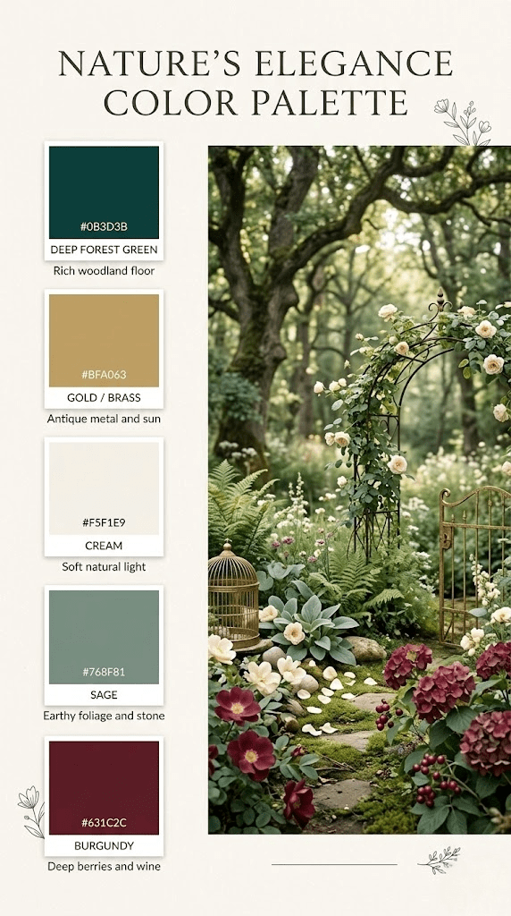 Enchanted forest wedding color palette with deep forest green gold brass cream sage and burgundy swatches beside a secret garden scene