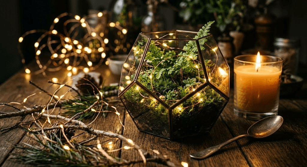 Geometric glass terrarium filled with moss and ferns surrounded by fairy lights and a warm candle on a rustic wooden table