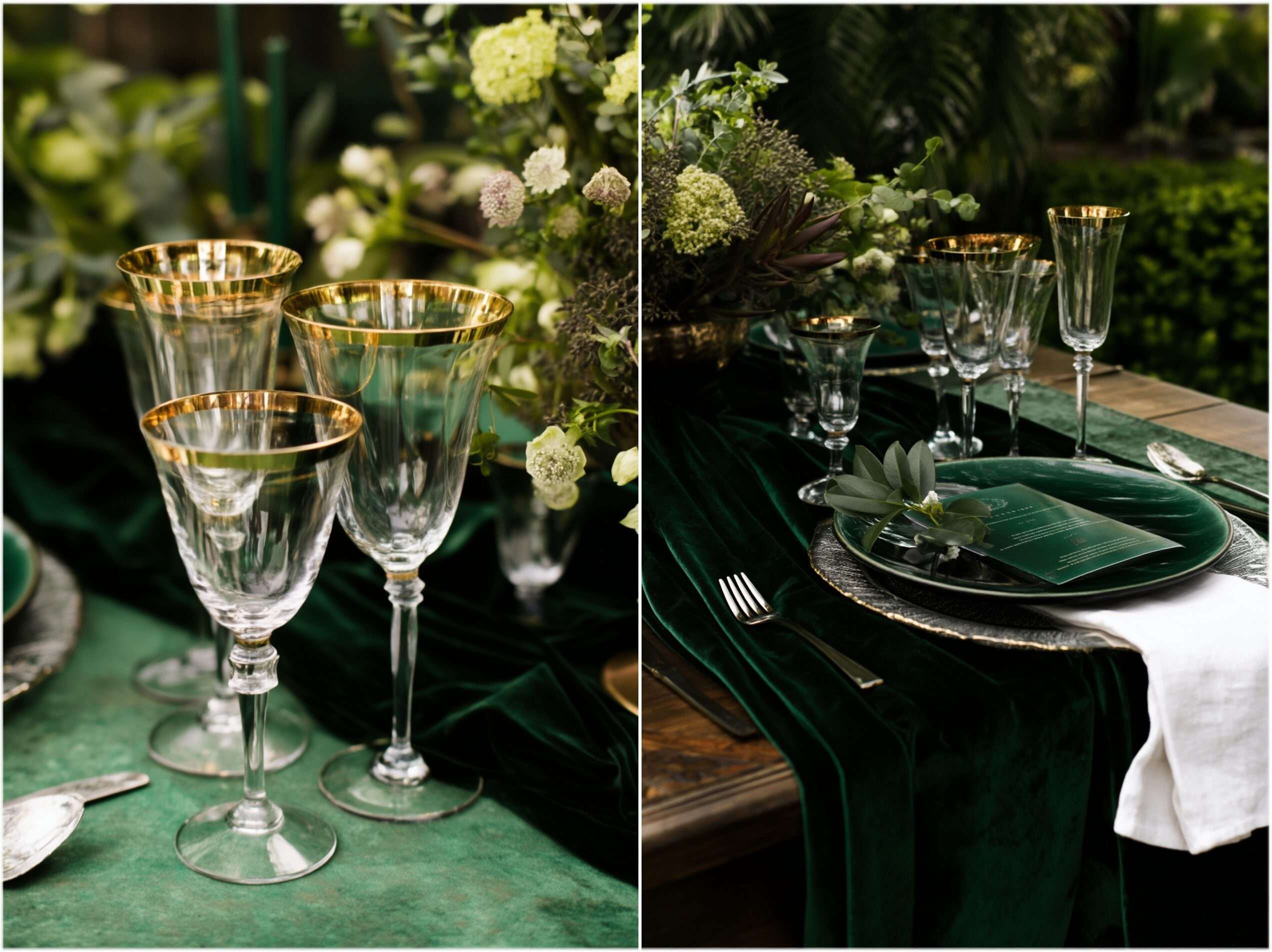 Gold rimmed crystal glassware and deep green velvet table runner with matching plates for an enchanted forest wedding reception