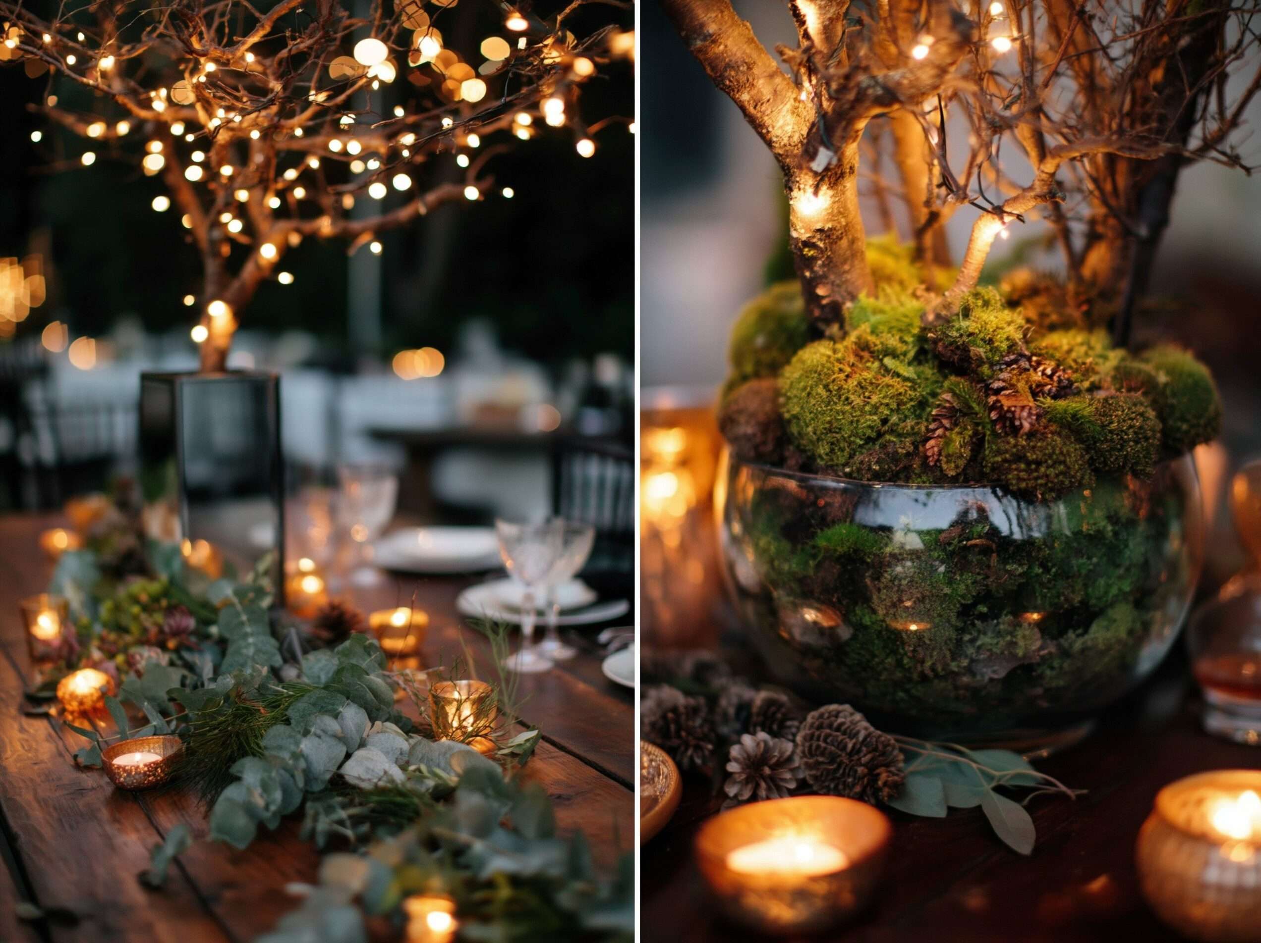 Enchanted forest wedding reception tablescape with eucalyptus garland candles manzanita branches and moss terrarium centerpiece