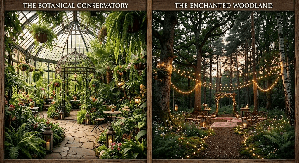 Two enchanted forest wedding venue options showing a lush botanical conservatory and an outdoor woodland ceremony clearing with string lights