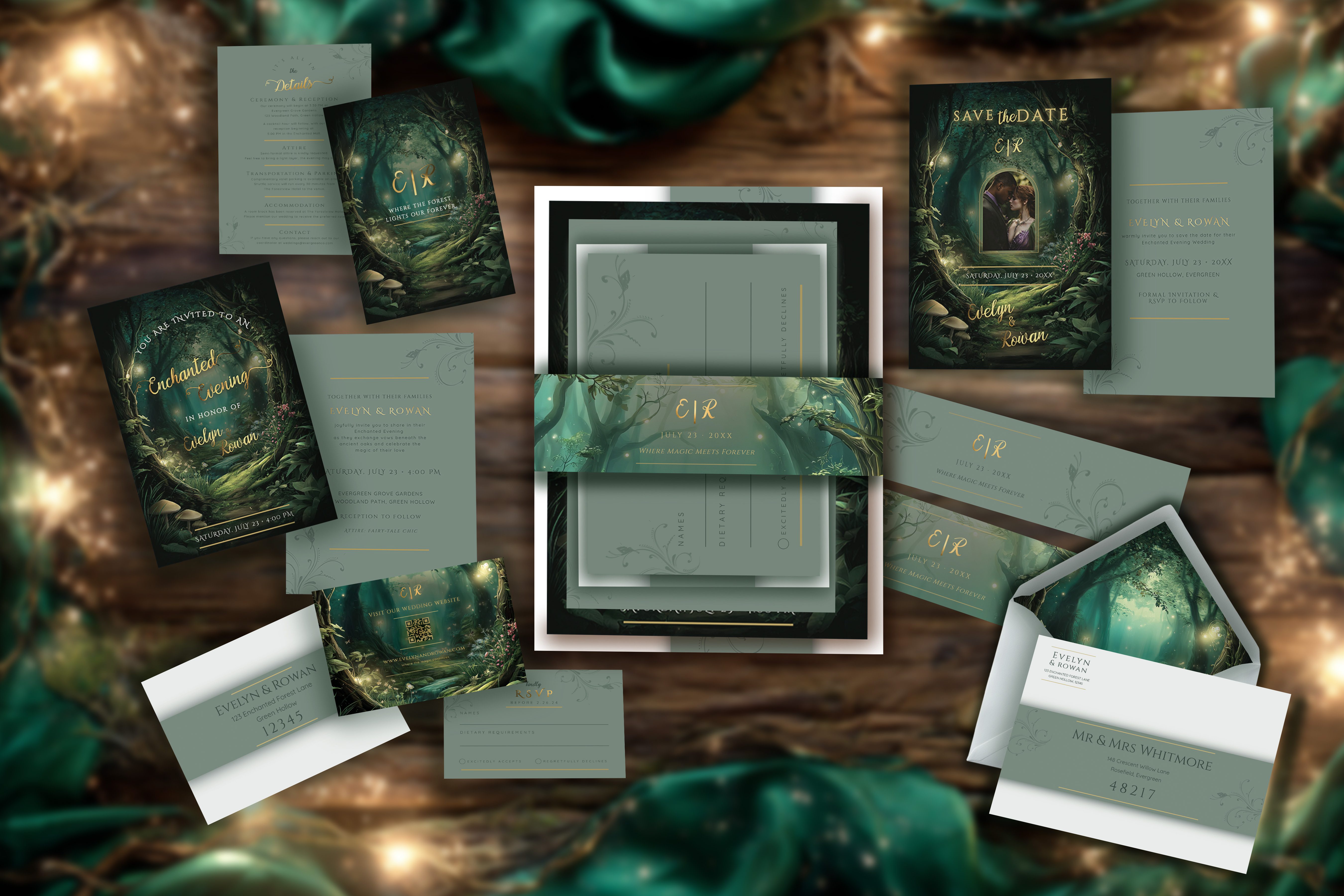 Enchanted forest fairytale wedding invitation with full-bleed woodland artwork and gold-effect typography