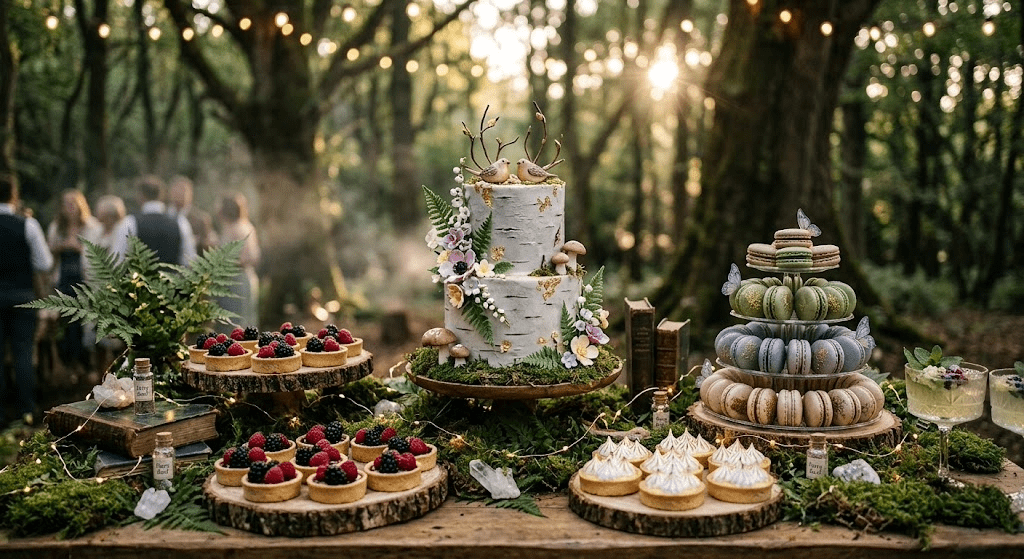 Fairy tale wedding reception table inside a glass conservatory with hanging floral arrangement and candlelight