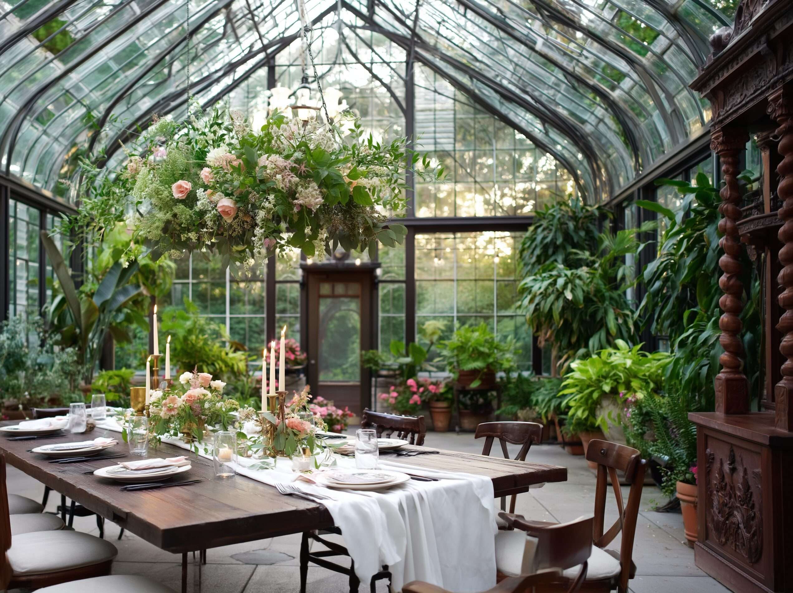 Affordable fairy tale wedding reception held in a botanical garden greenhouse with lush greenery and Edison bulbs