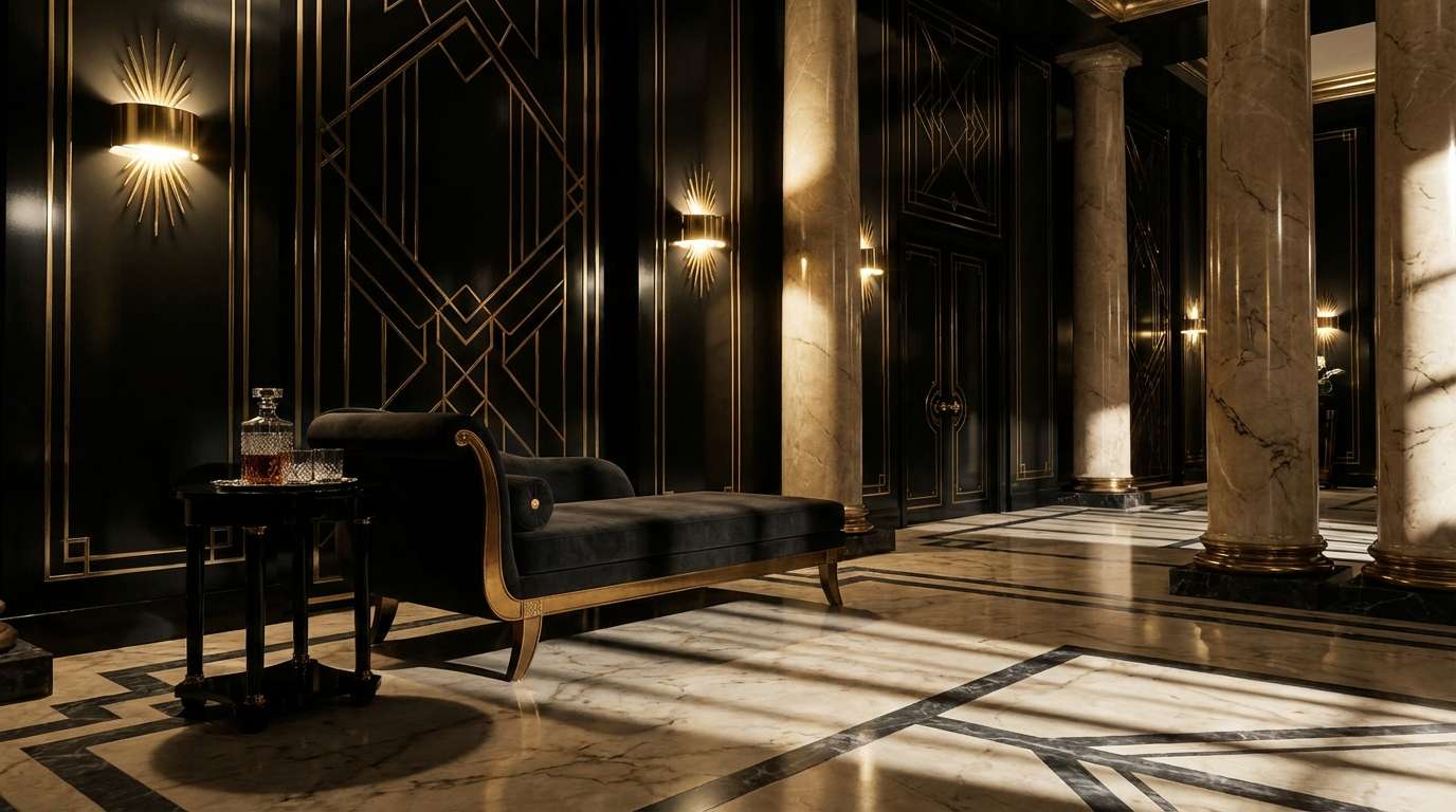 Jet Noir wedding color palette mood board featuring jet noir charcoal graphite champagne deco gold and noir silver with geometric 1920s patterns