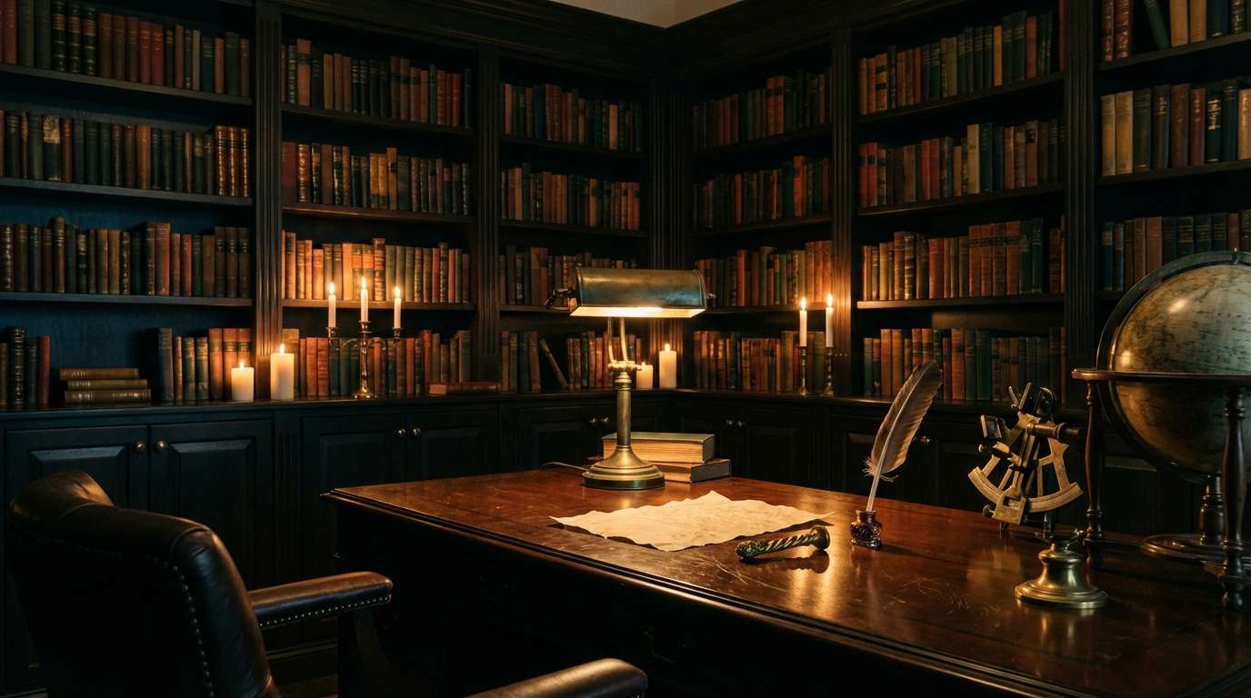 Dark Academia wedding color palette mood board featuring library midnight deep espresso aged parchment antiquarian brass and oxblood ink with leather books and wax seals