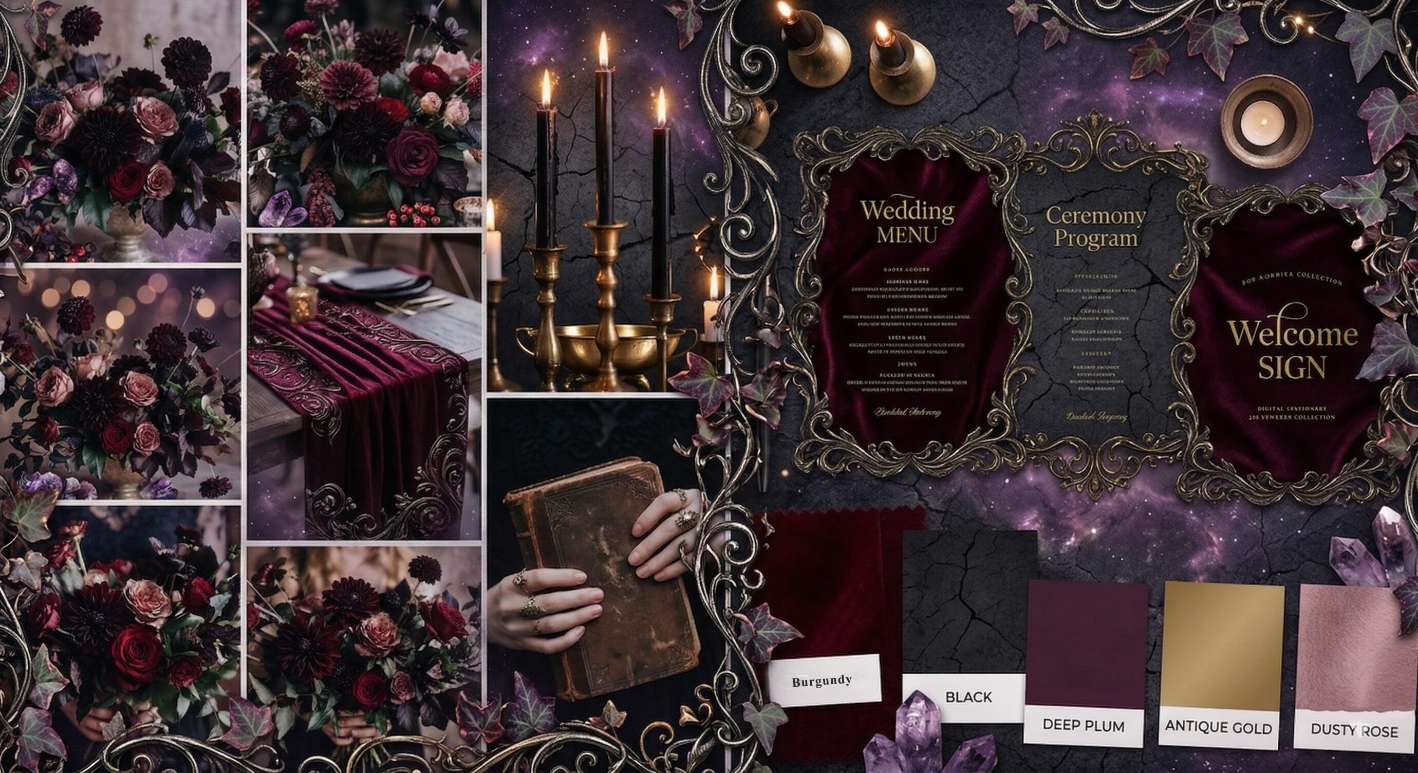 Dark romance wedding color palette mood board featuring oxblood plum noir candlelight amber antique cream and cathedral black with matching stationery