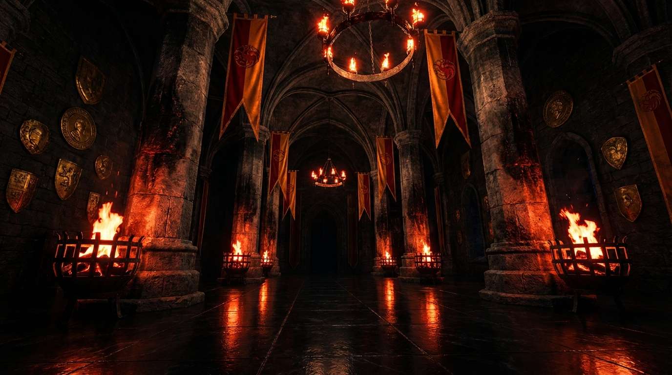 Ember Court wedding color palette mood board featuring dragonfire crimson scorched earth sovereign gold molten ember and obsidian with medieval heraldic details and volcanic textures
