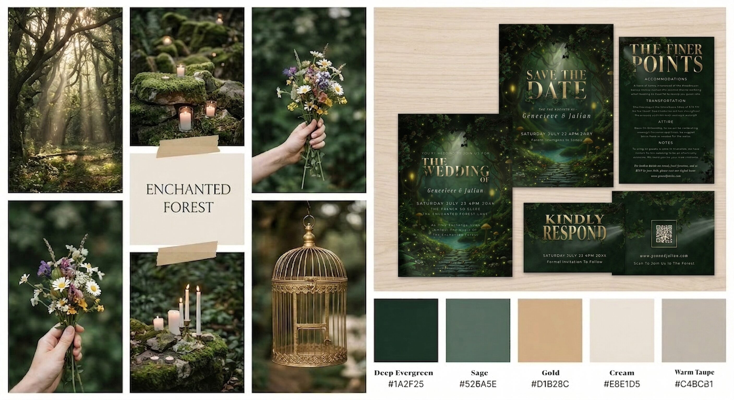 Enchanted forest wedding color palette mood board featuring deep evergreen sage gold cream and warm taupe with matching stationery