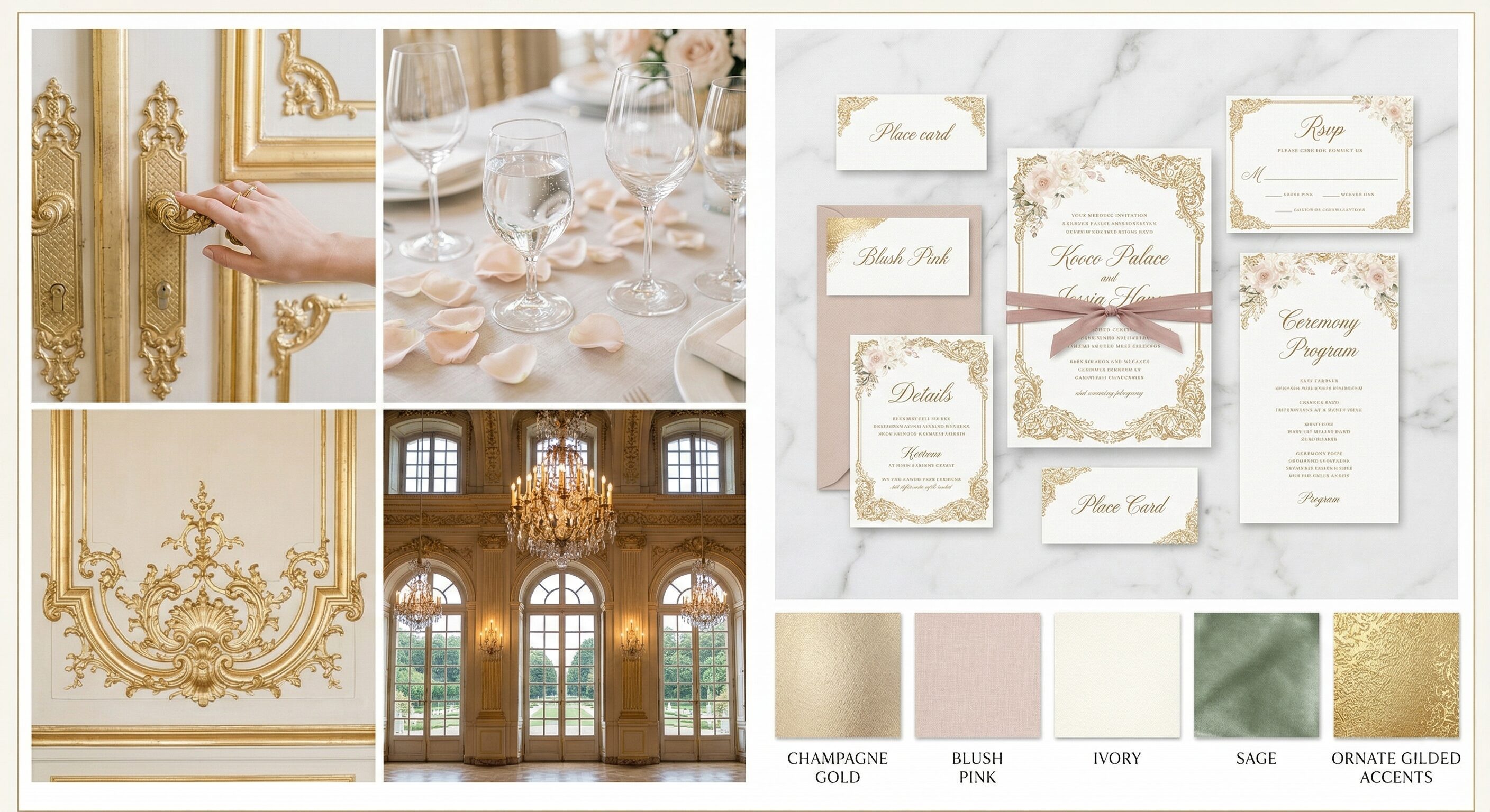 Rococo palace baroque wedding invitation trend 2026 with ornate gold scrollwork champagne and blush stationery suite