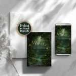 Enchanted Forest wedding invitation shown as a printed card and a matching phone version, on white linen with baby's breath