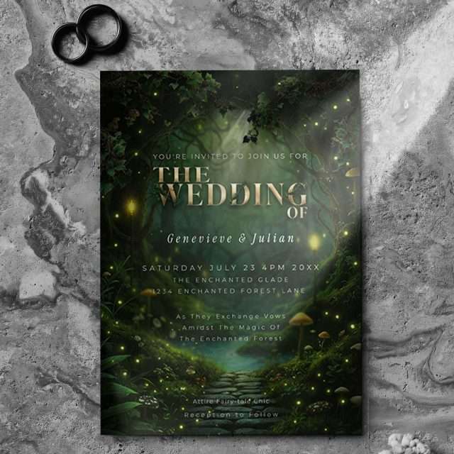 Enchanted Forest wedding invitation with full-bleed forest artwork and gold-effect lettering