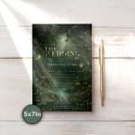 Enchanted Forest Wedding Invitation: printable dark woodland invitation with moss, ferns, and gold