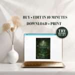 Enchanted Forest wedding invitation displayed on a laptop screen beside a vase of dried flowers