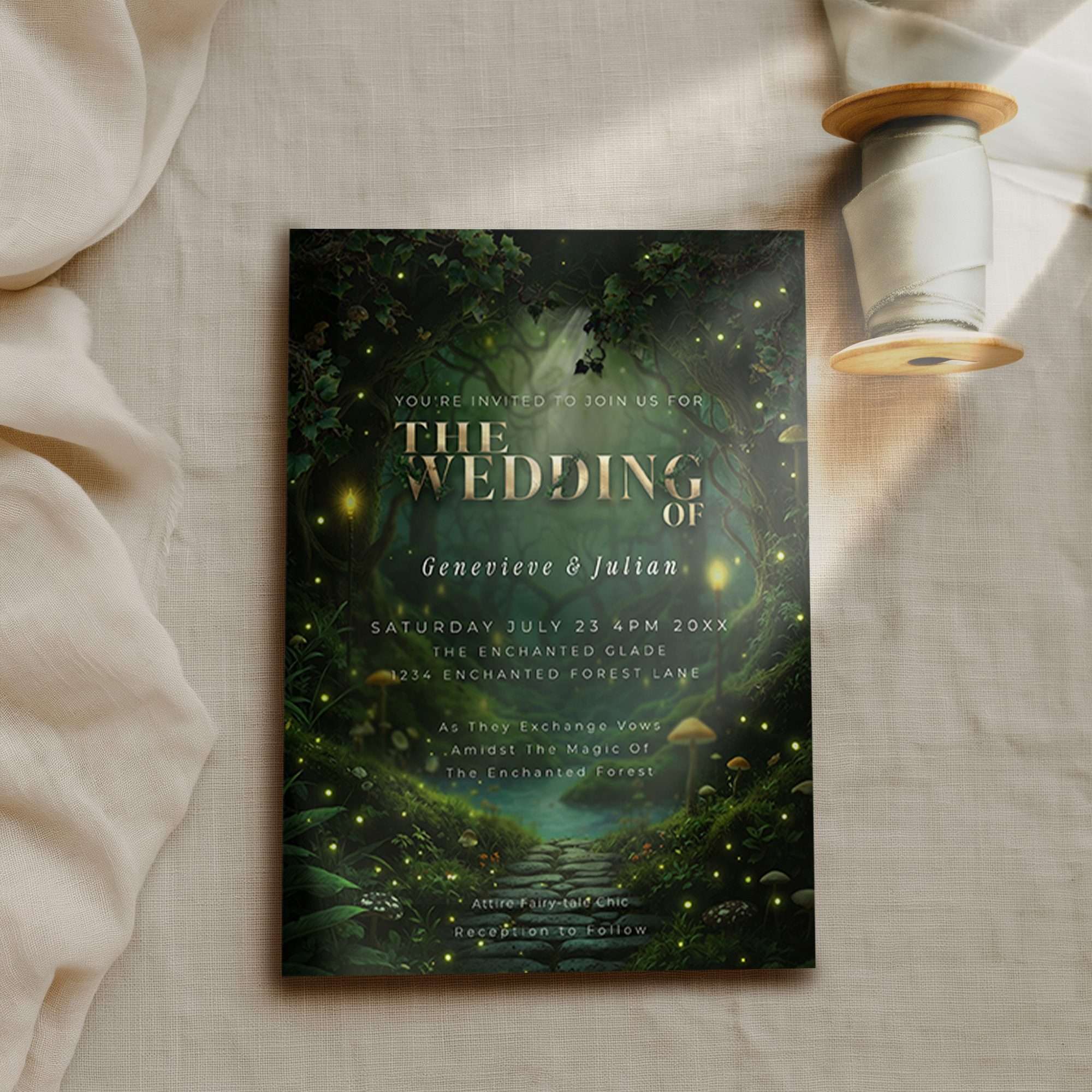 Enchanted forest wedding invitation shown as printed card and digital mobile version side by side