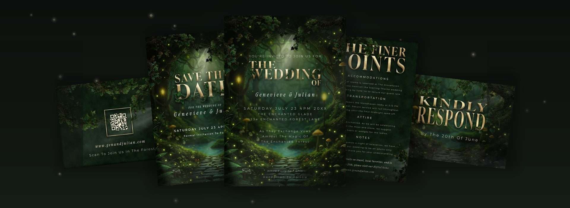 Gilded metallic gold typography on enchanted forest wedding invitation suite showing 2026 luxury stationery trend