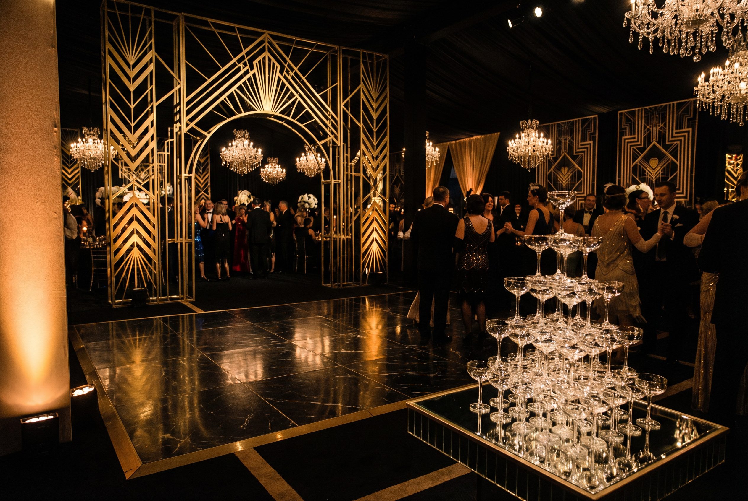 Jet Noir wedding ballroom with geometric gold archways, black marble floors, crystal chandeliers, and a champagne tower in 1920s Great Gatsby style