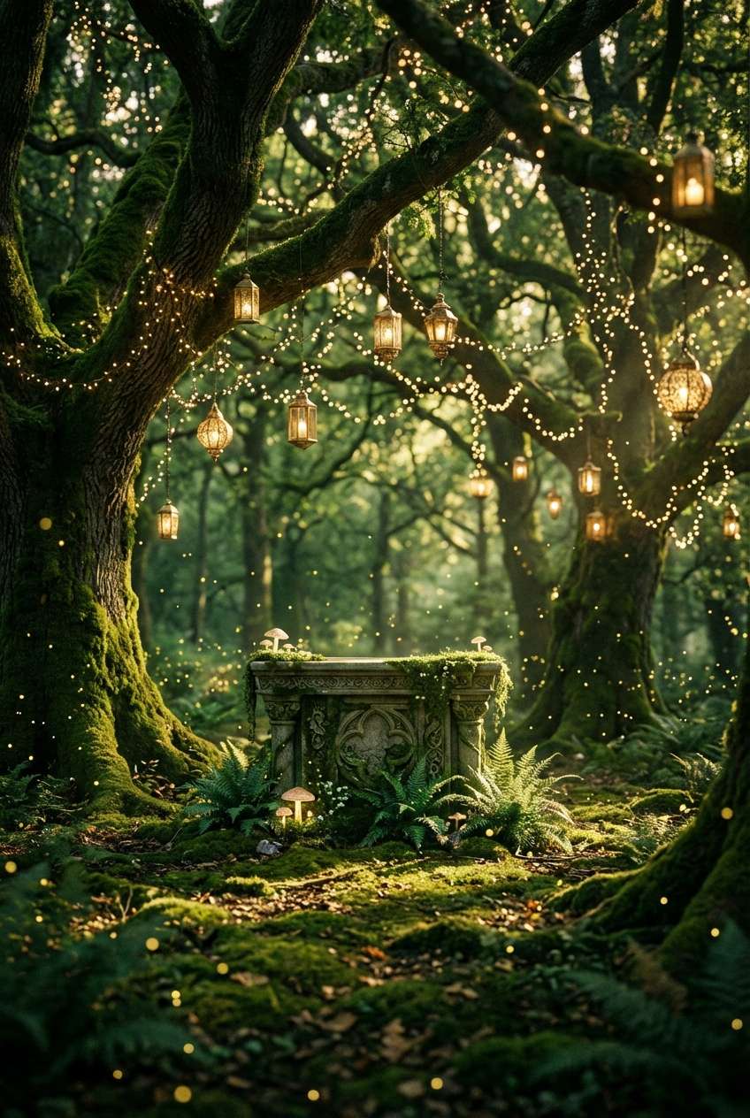 Twilight enchanted forest clearing strung with warm fairy lights and hanging lanterns