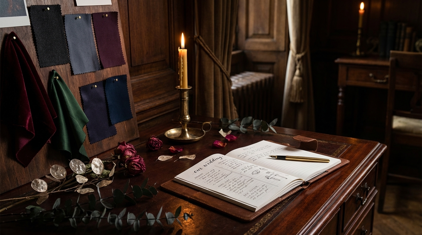Dark styled wedding planning desk with fabric swatches, a lit candle, dried florals and an open planner