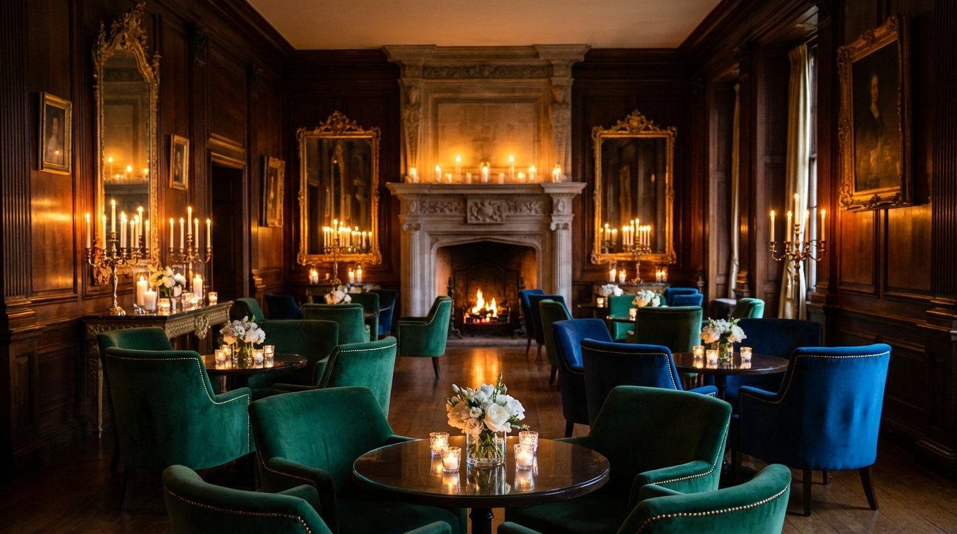 Candlelit historic venue interior with a lit fireplace and teal upholstered seating