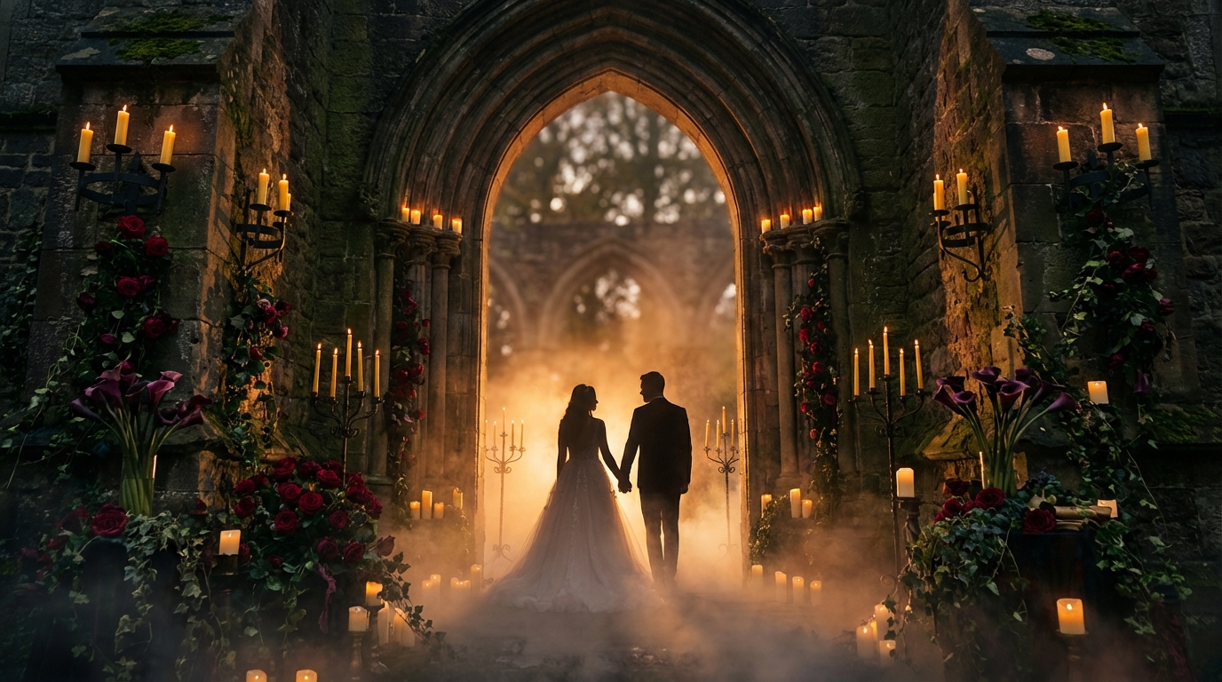 Candlelit gothic stone archway with dark florals, a couple silhouetted in the mist beyond it