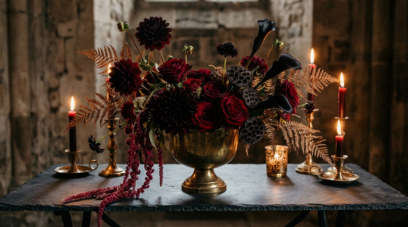 Dark burgundy and black floral arrangement with lit taper candles on a stone table