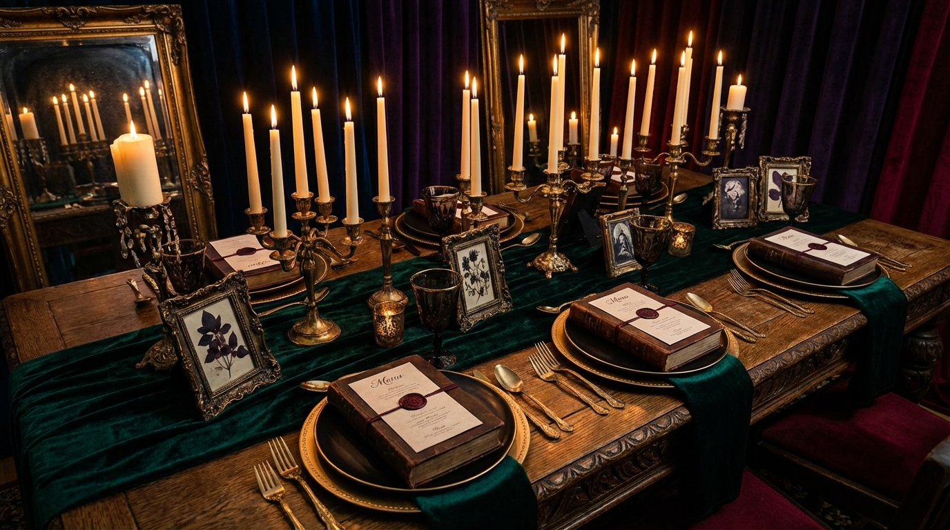 Dark reception tablescape with a mirrored centrepiece, lit candelabra and framed place cards