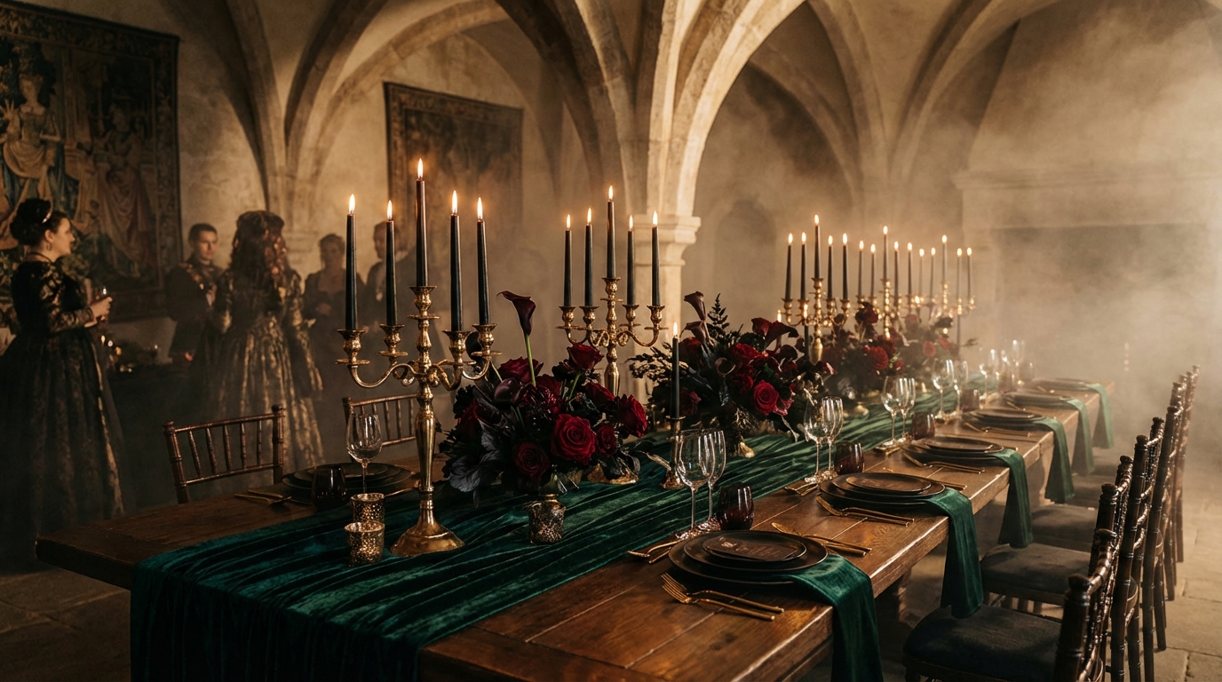 Cinematic dark fantasy wedding reception with candlelight, dark florals, and moody atmospheric lighting