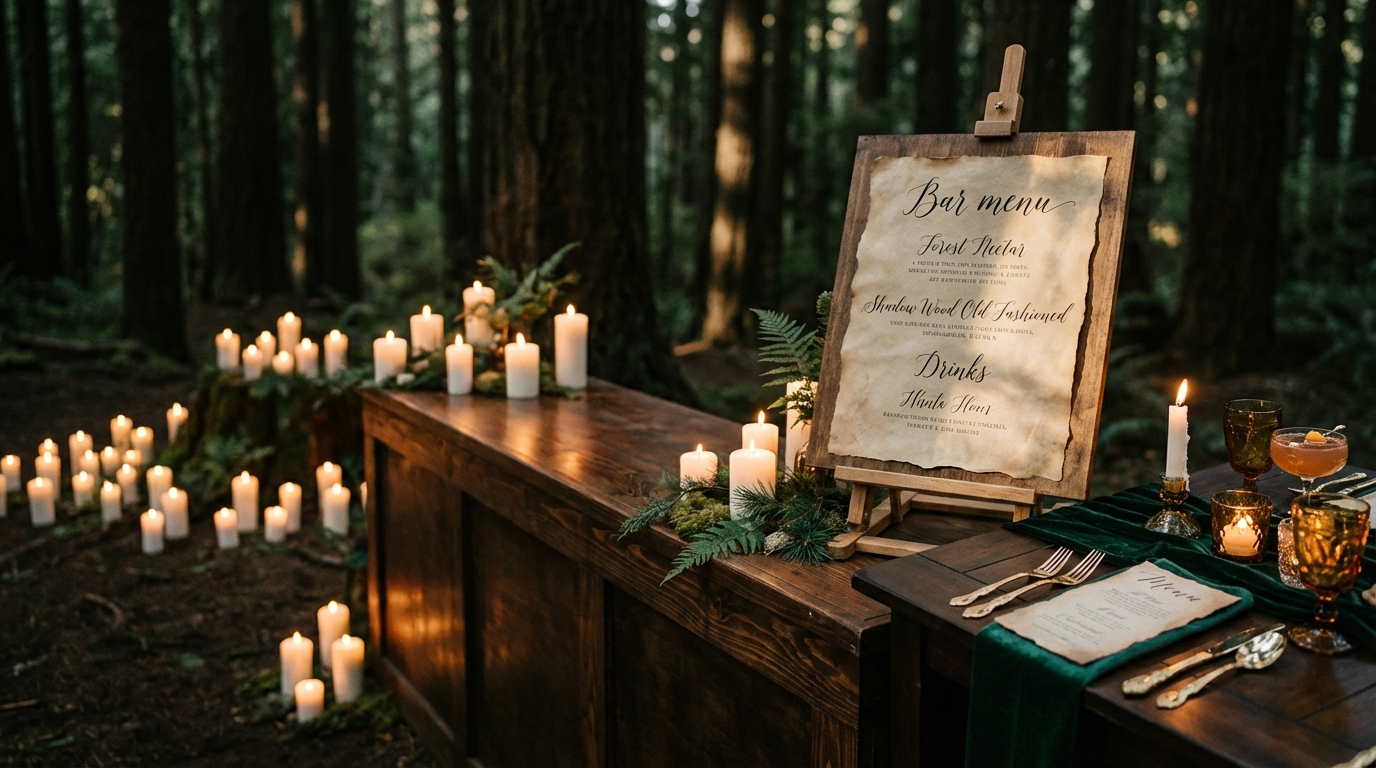 Enchanted forest reception bar with elegant menu on easel, signature cocktails, and candlelight