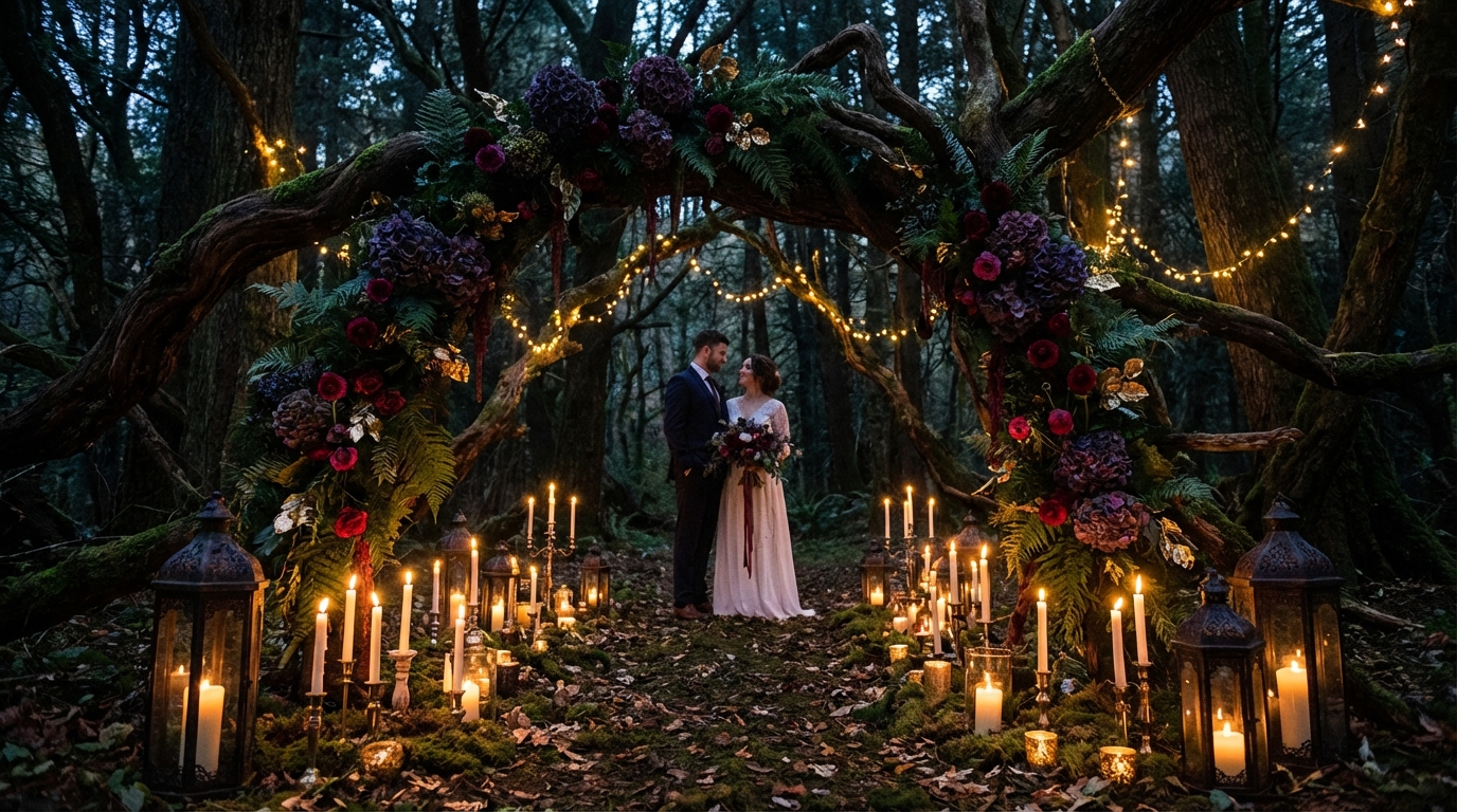 Enchanted forest ceremony with branch arch, trailing greenery, ferns, and candlelit aisle