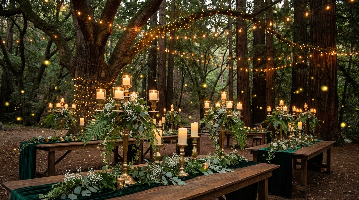 Magical enchanted forest wedding venue at dusk with candlelight through ancient trees and gold candelabras
