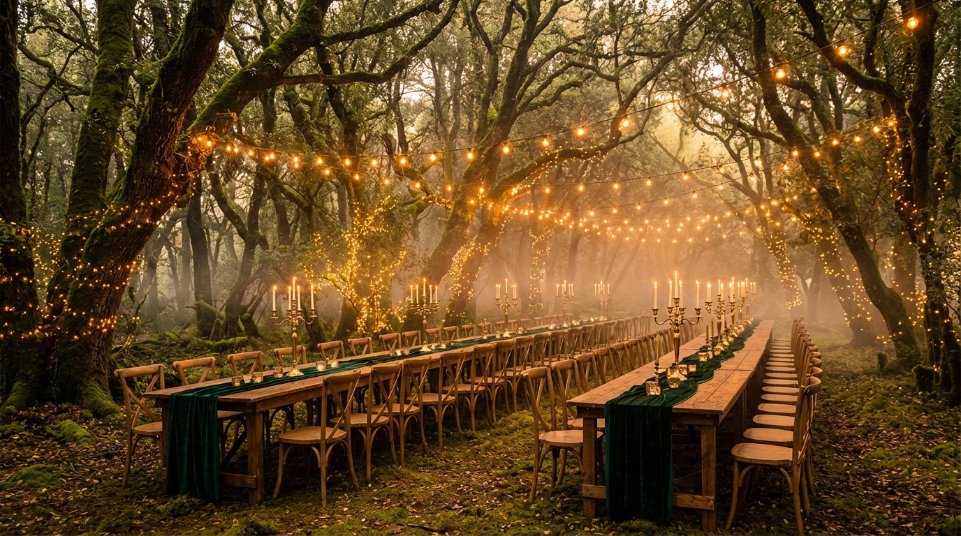 Sweeping enchanted forest reception at night with string lights, candelabras, and warm golden glow
