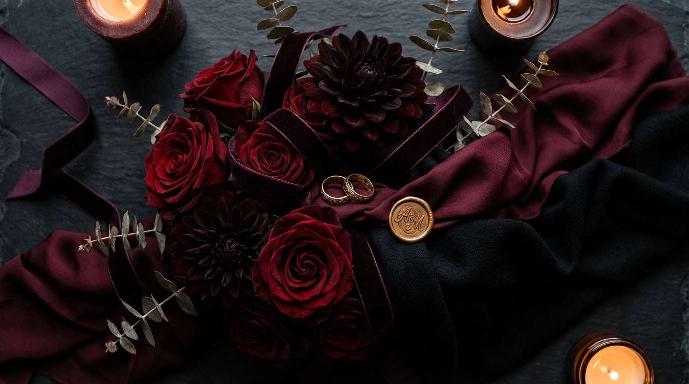 Plum noir wedding mood board composed of palette swatches, venue shots, bouquet reference, and stationery sample