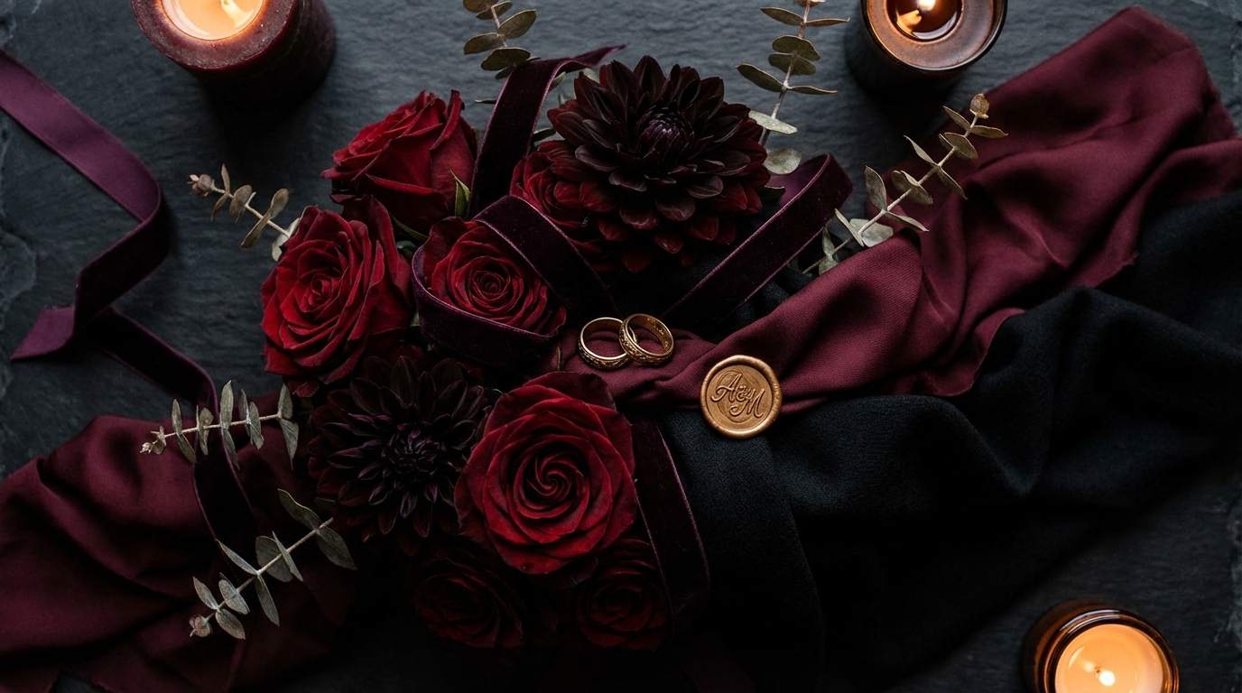 Dark wedding color palette with oxblood roses, black dahlias, plum velvet ribbon, and antique gold details on dark stone