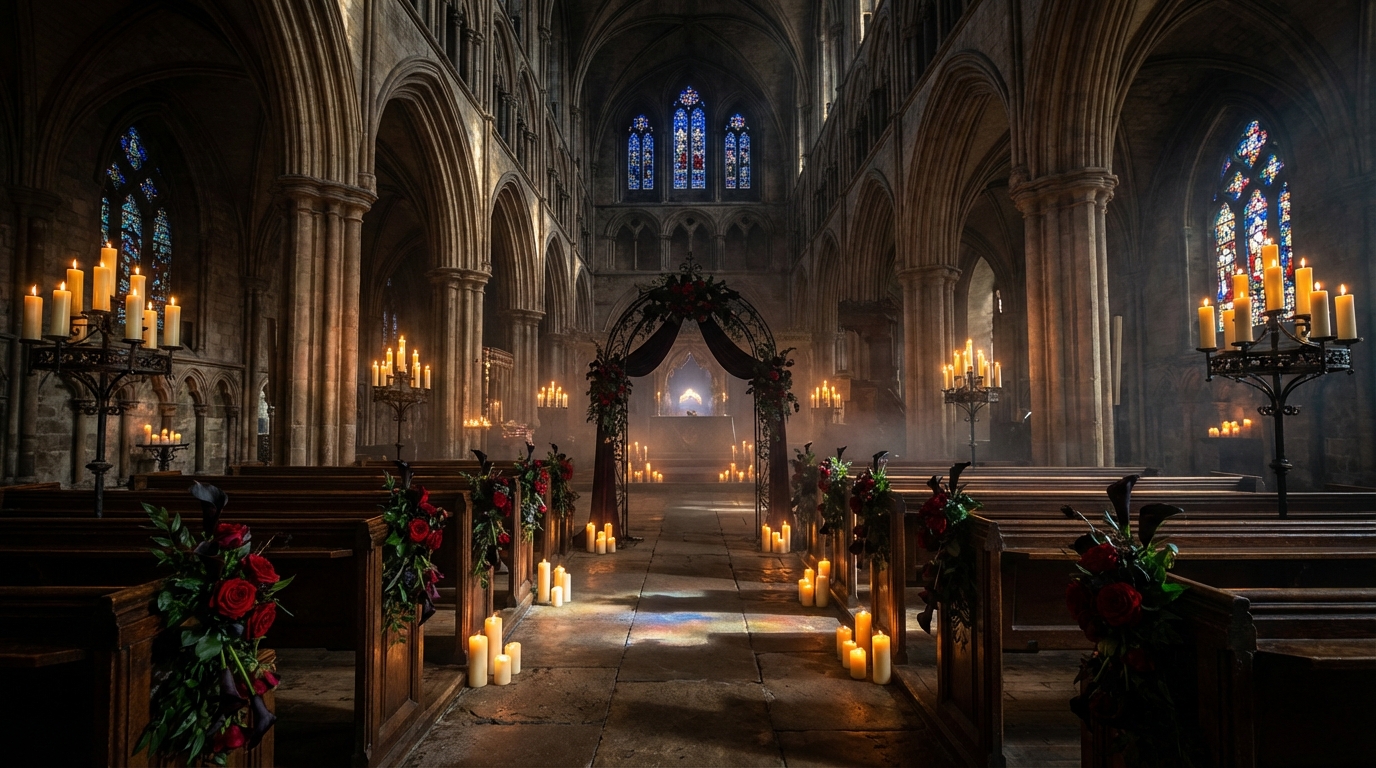 Gothic cathedral interior with dramatic candlelight, soaring stone arches and stained glass for a dark romantic wedding ceremony