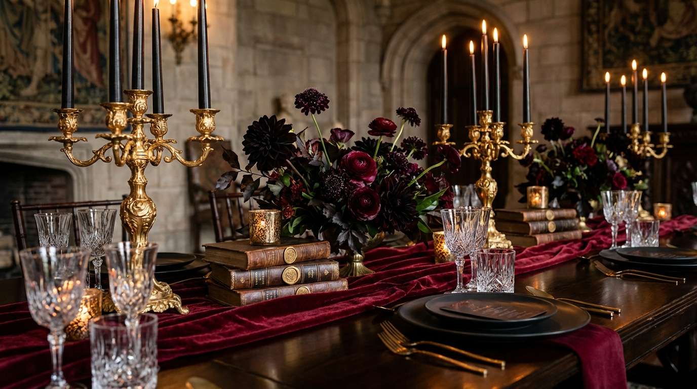 Candlelit gothic banquet hall with a tall gold candelabra, dark floral centrepieces and a red velvet table runner