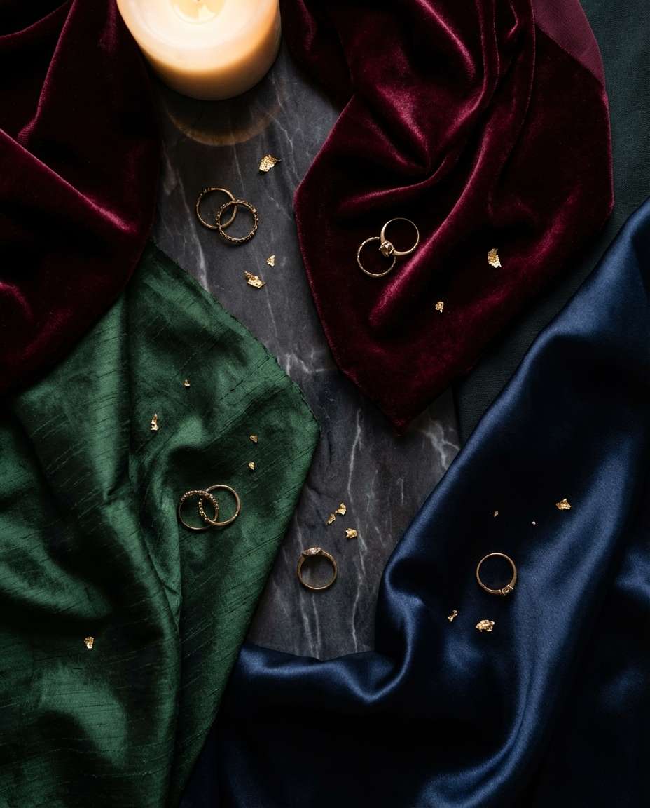 Burgundy, forest green and navy velvet fabric swatches with gold rings and scattered confetti