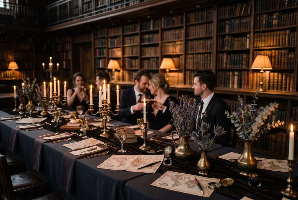 Dark Academia wedding reception in a candlelit university library with guests seated among the bookshelves