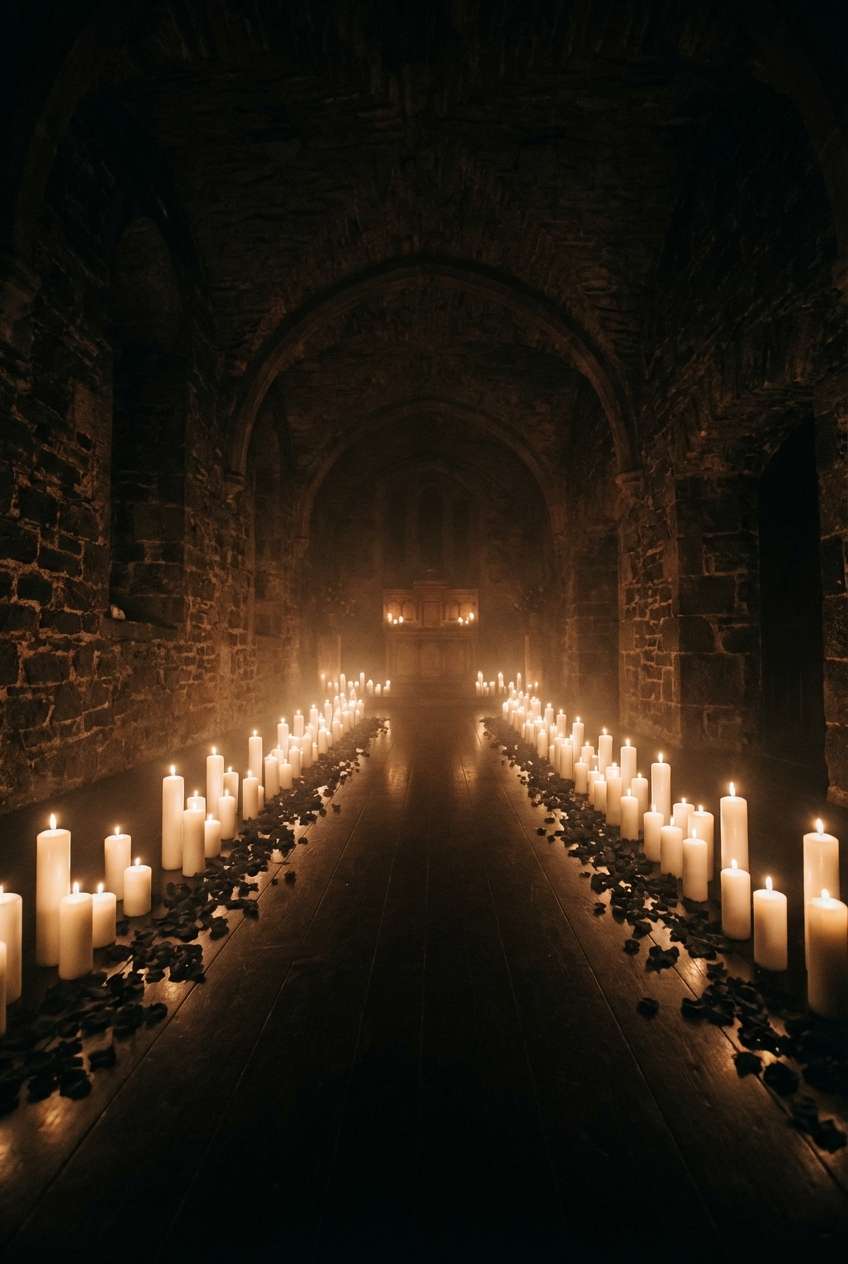 Gothic cathedral interior with pointed stone arches, tall iron candelabras with flickering taper candles, dark florals in oxblood, and stained glass filtering amber afternoon light