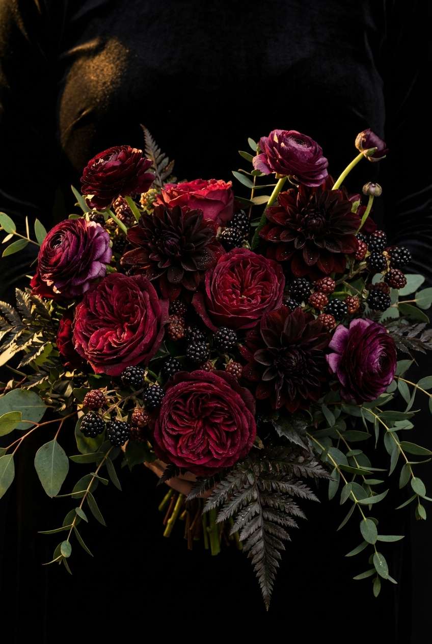 Dramatic vamp romantic bridal bouquet featuring black baccara roses, burgundy dahlias, dark ranunculus, and thorned branches with trailing dark greenery