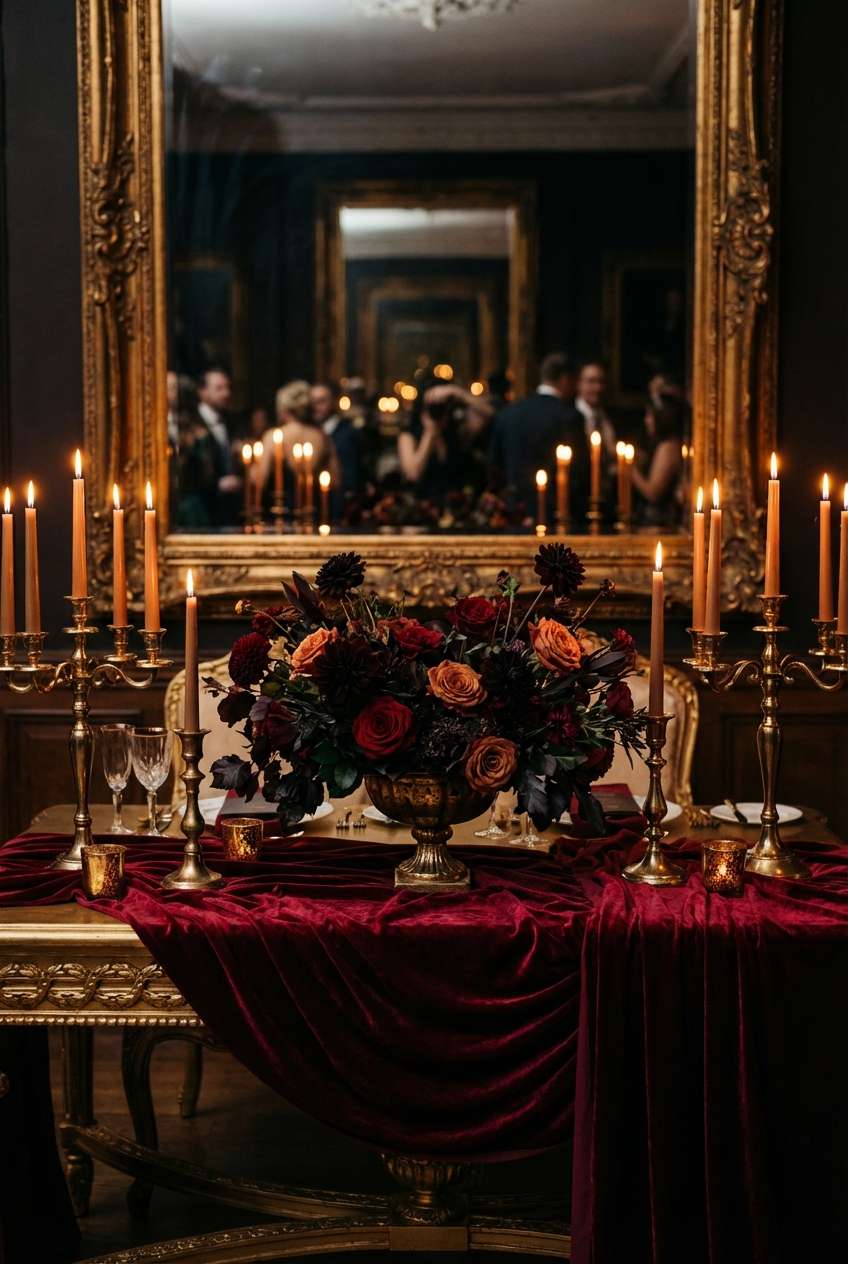 Elegant dining room reflected in a gilded mirror, with a lit candelabra and dark floral centrepiece on a red velvet runner