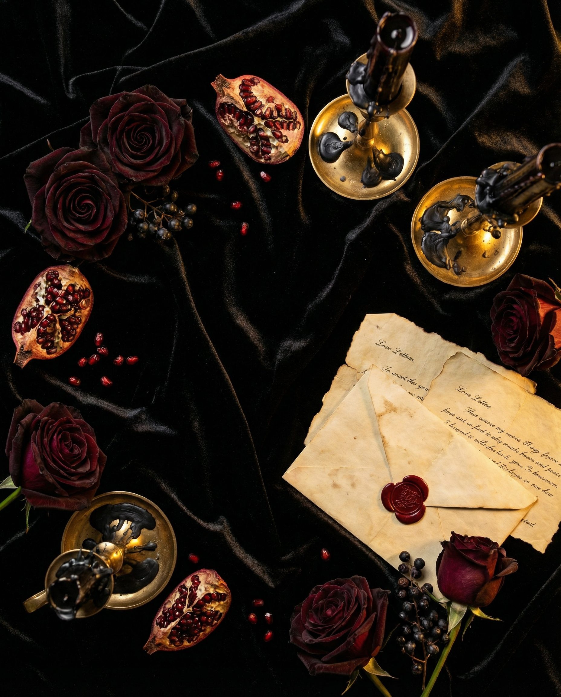 Overflowing dark floral installation with gothic roses, dahlias, and trailing amaranth in deep oxblood and plum tones