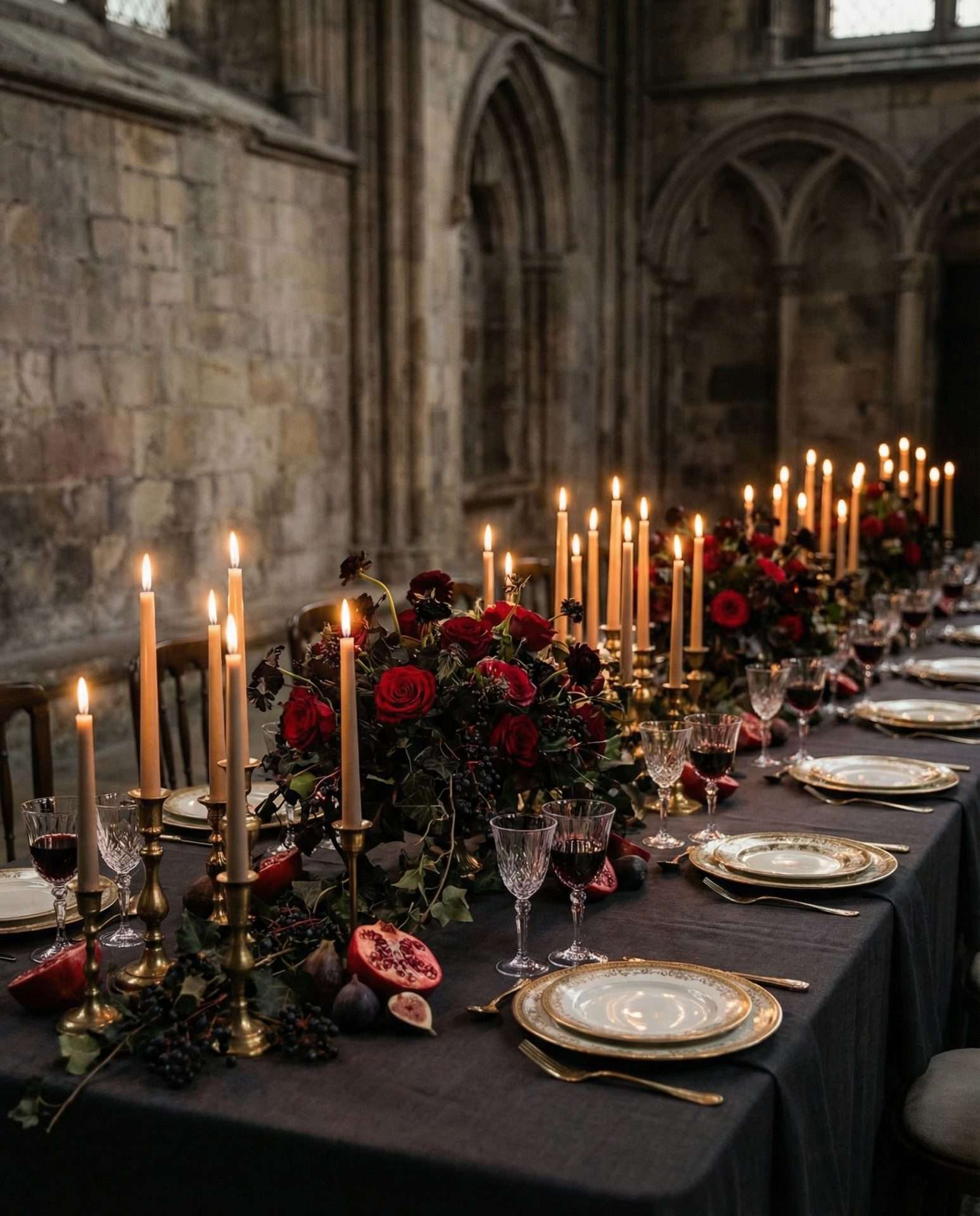 Plum noir wedding reception tablescape with velvet runner, antique gold flatware, hurricane lanterns, and low overgrown dark floral centerpieces