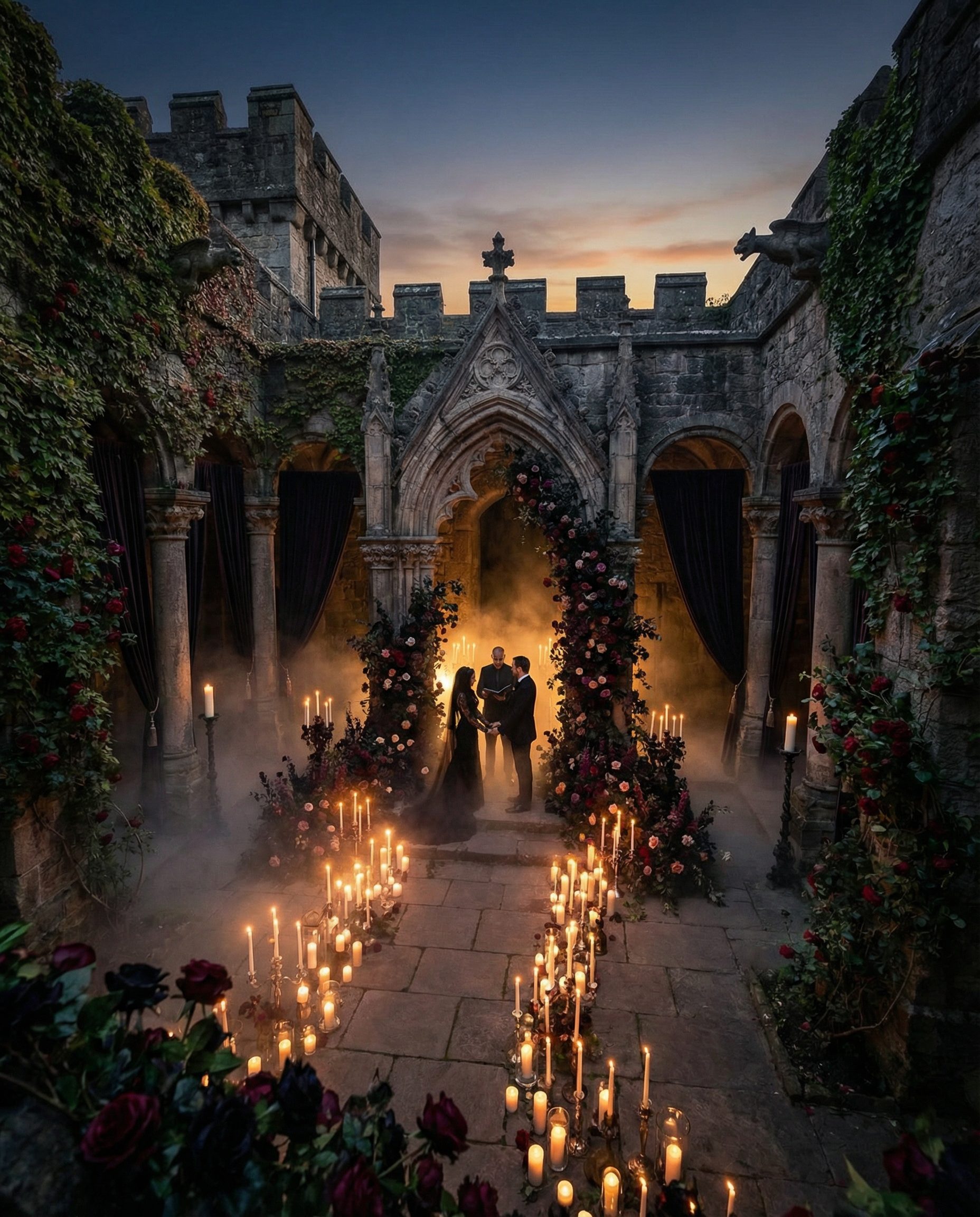 Moody candlelit ballroom with black velvet draping, brass candelabras with taper candles, and dark floral arrangements creating old-Hollywood vamp romantic atmosphere